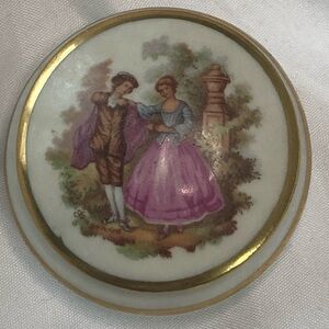 Limoges France, Vintage Couple Image On White And Gold Porcelain Pill Box